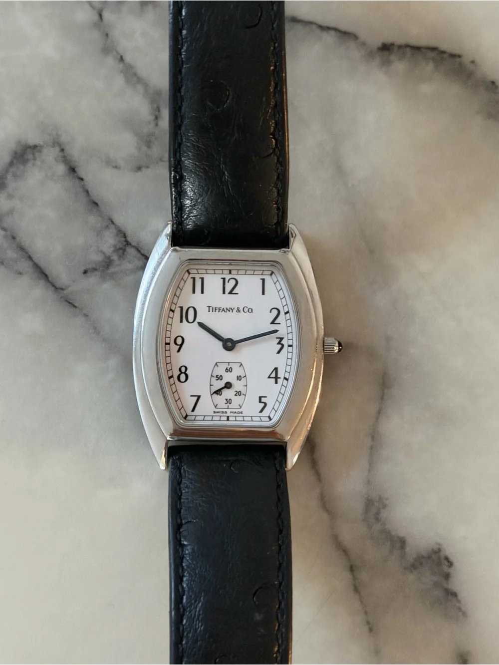 Tiffany & Co. White Dial Watch with Black Leather Strap